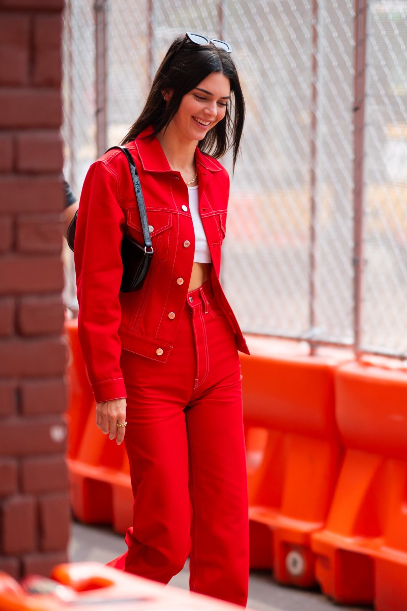 Kendall Jenner Smiles in Red-on-Red Denim Outfit in NYC