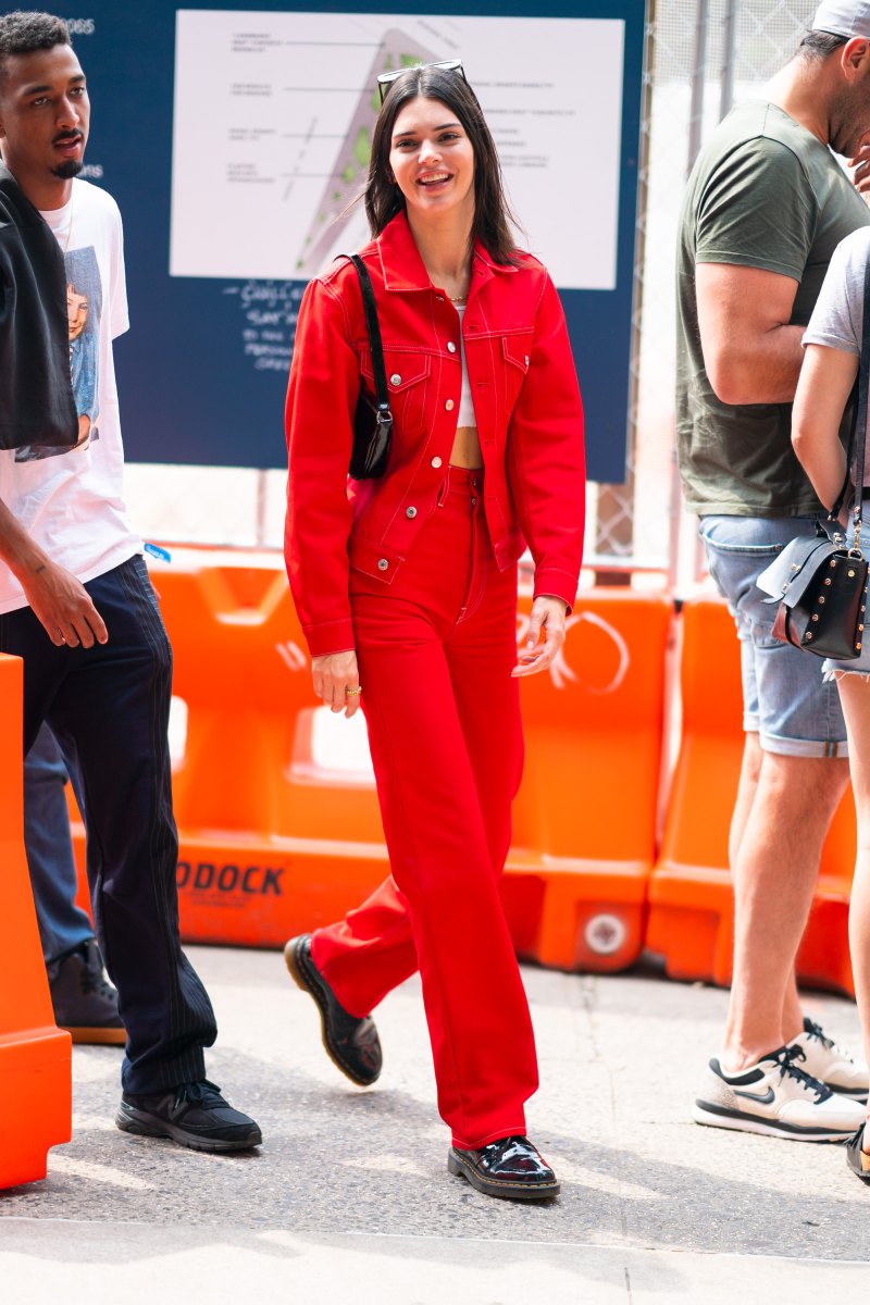 Kendall Jenner red jacket red pants black shoes white crop top