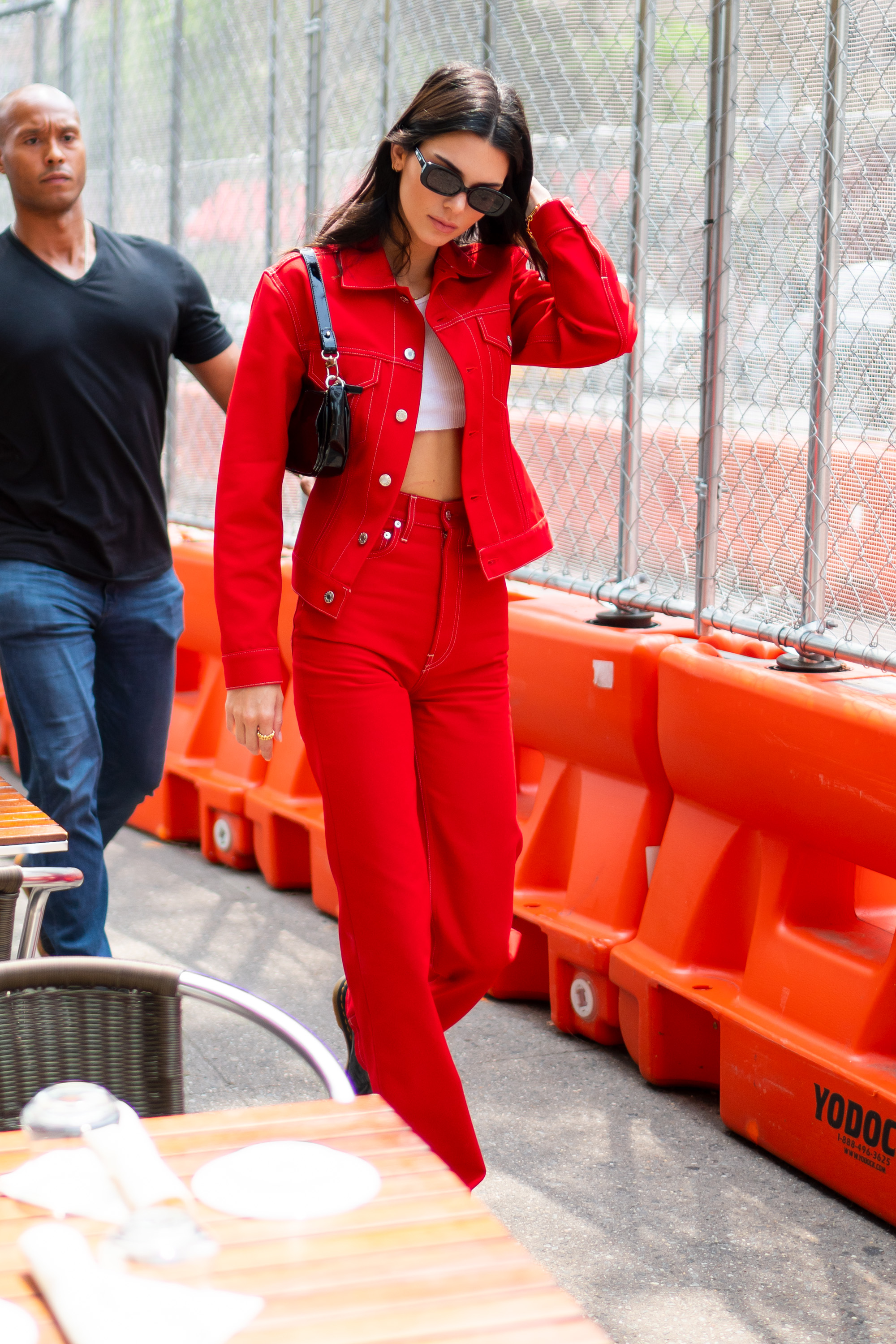 Kendall Jenner red jacket white crop top red pants
