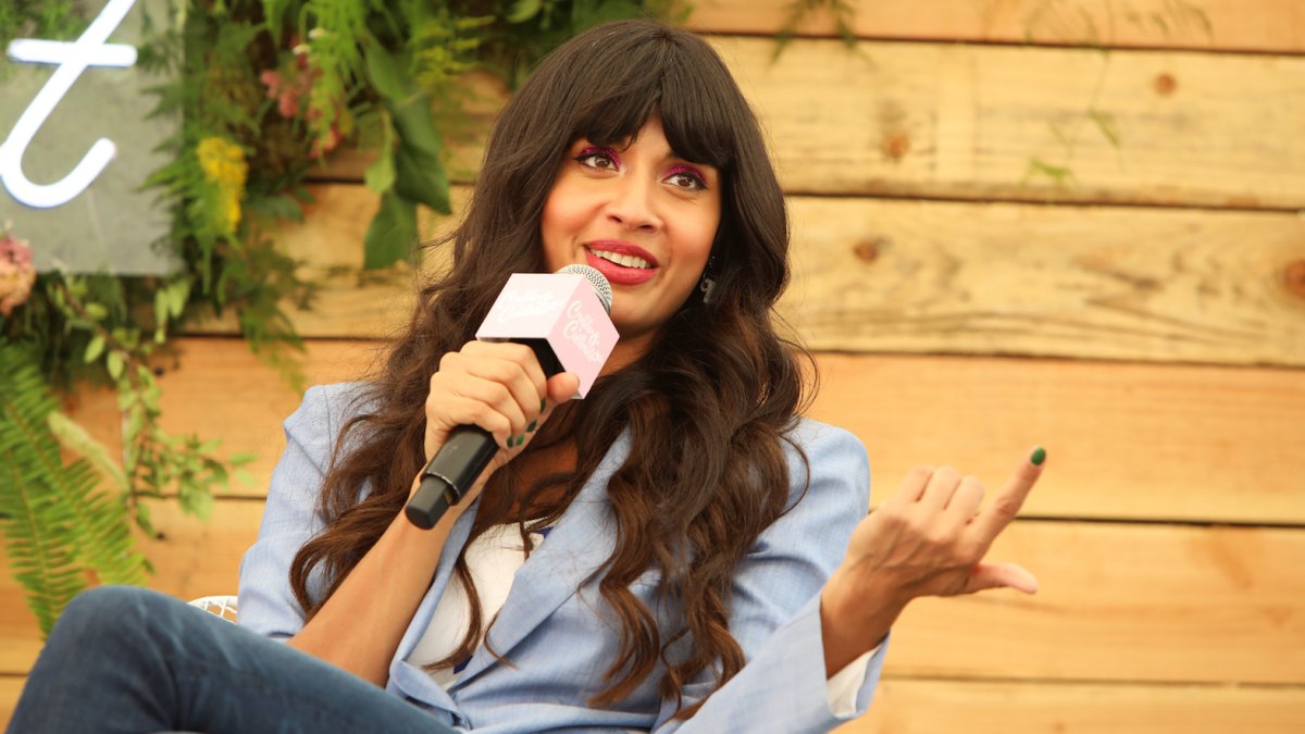 Jameela Jamil Aerie REALTreat blue blazer white shirt long hair