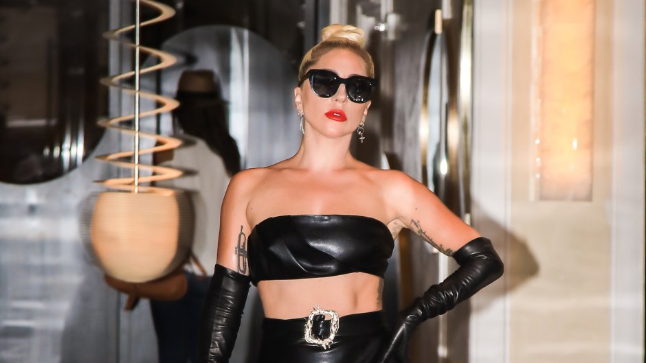 Lady Gaga Walks Out of NYC Hotel in Black Leather Crop Top Black Leather Skirt Black Leather Gloves and Sunglasses