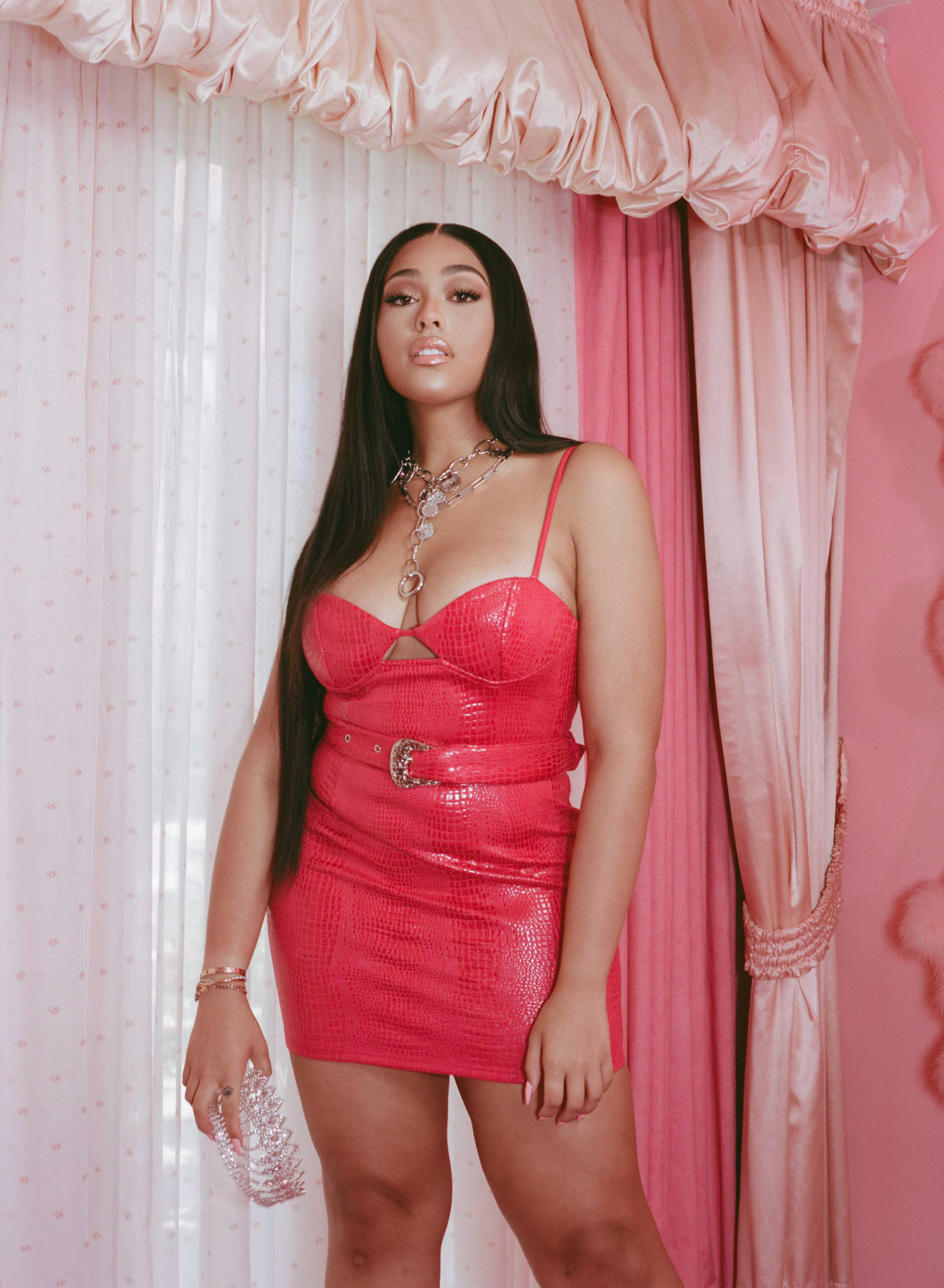 Jordyn Woods modeling her Boohoo collection