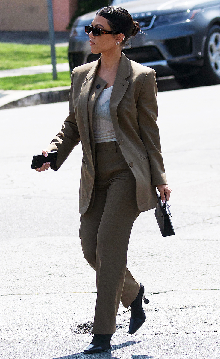 Kourtney Kardashian Tan Pantsuit Shades Filming KUWTK