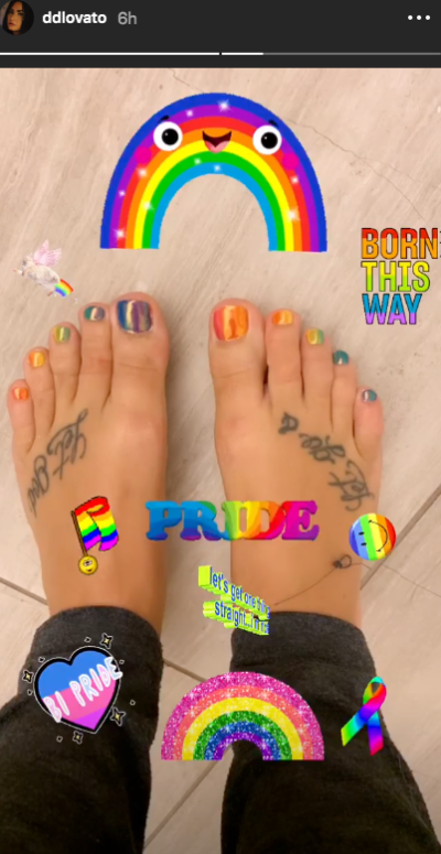 Demi Lovato Pride pedicure holographic nails cute nail inspiration