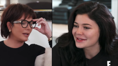 Kris Jenner Wears Glasses With Hair Extensions and a Black Top Split Screen With Kylie Jenner in Black Hoodie Black Hair and No Makeup on Keeping Up With the Kardashians