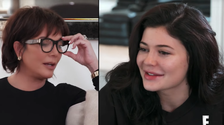 Kris Jenner Wears Glasses With Hair Extensions and a Black Top Split Screen With Kylie Jenner in Black Hoodie Black Hair and No Makeup on Keeping Up With the Kardashians