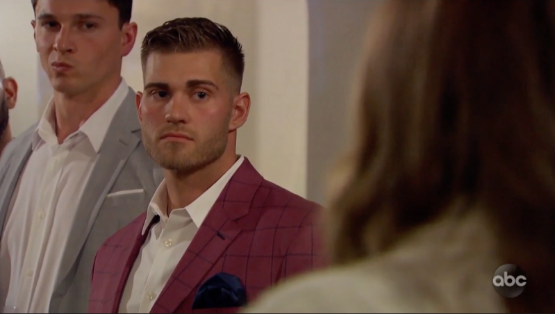 Contestant Luke P. The Bachelorette Rose Ceremony week 6 Checkered PInk and Blue Jacket