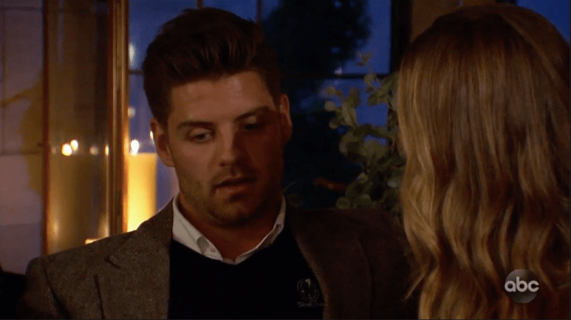 Bachelorette Contestant Garrett Talks With Hannah Brown During Week 6 Rose Ceremony