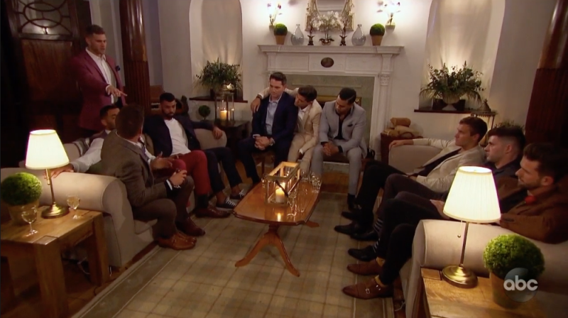 Bachelorette Contestants Luke P., Garrett, Mike, Dustin, Dylan, Dustin Sit During the Rose Cermony Week 6