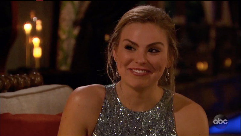 Bachelorette Hannah Brown Laughing in a Silver Cocktail Dress