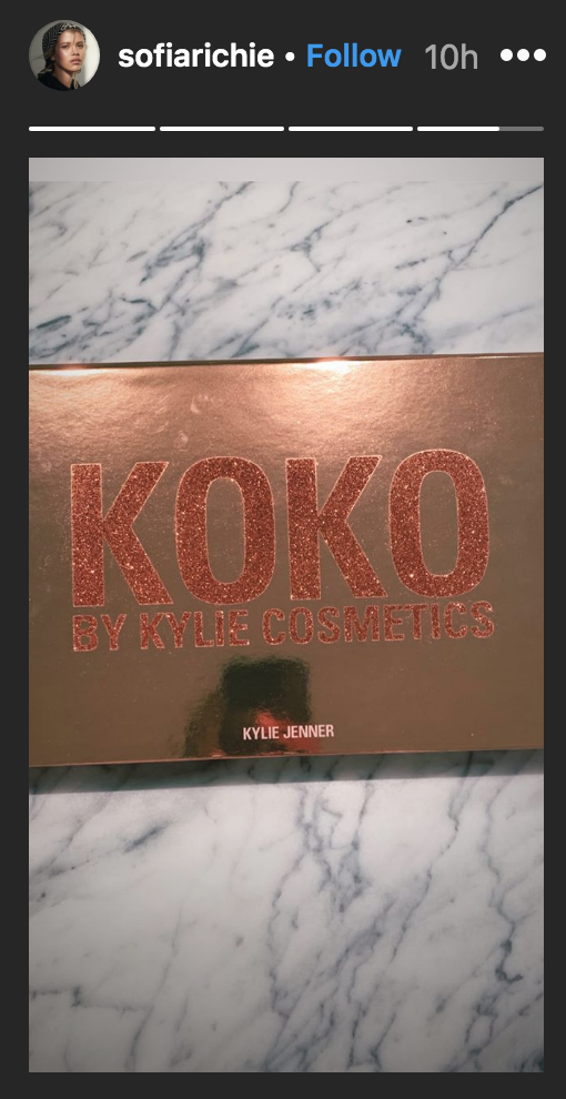 Sofia Richie Instagram Story featuring Kylie Jenner and Khloe Kardashian's Kylie Cosmetics collaboration