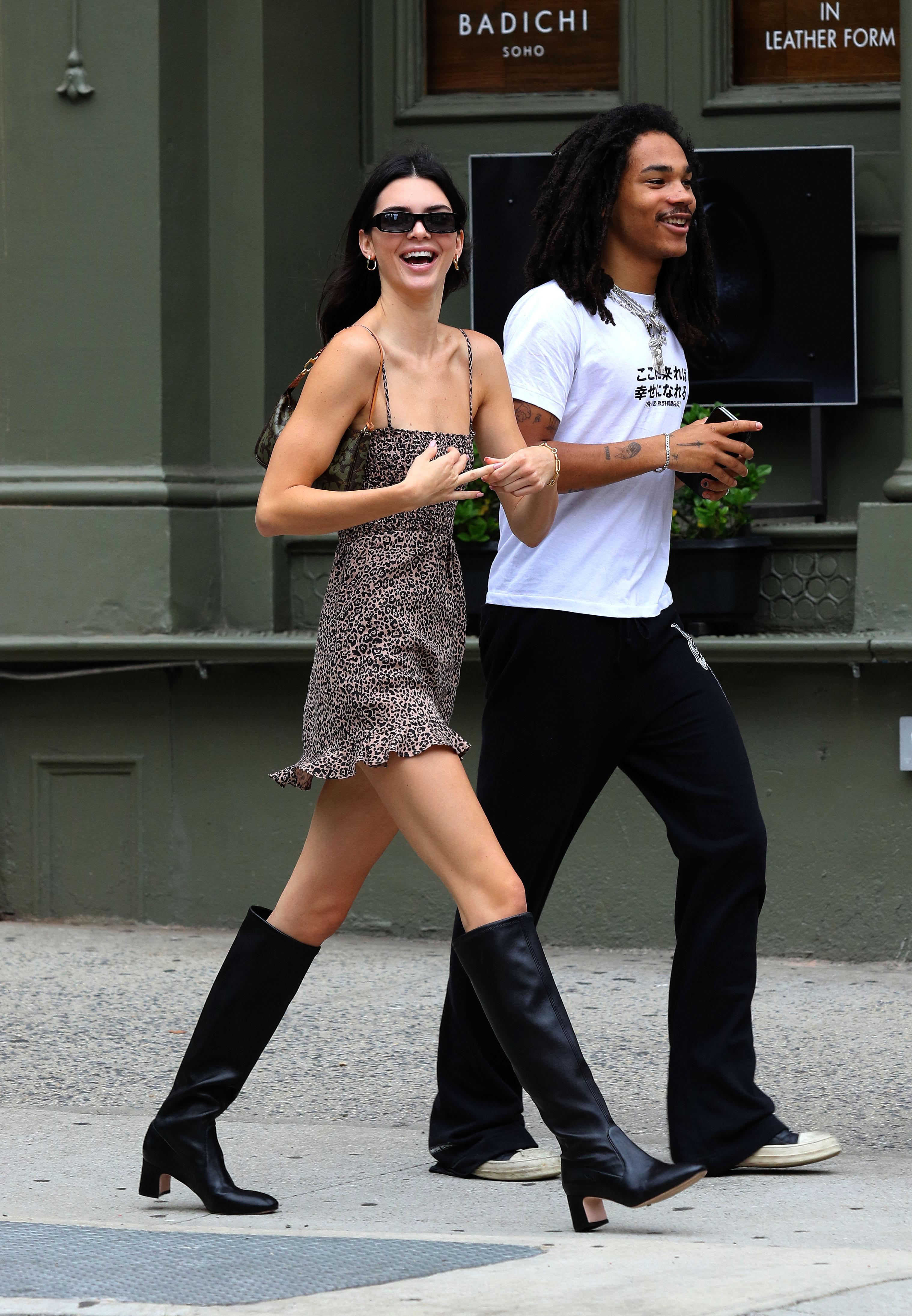 Kendall Jenner in a Leopard Print Dress With Luka Sabbat