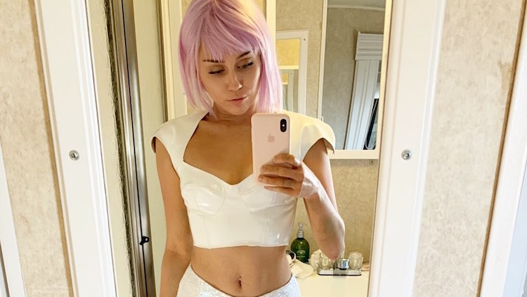 Miley Cyrus Ashley O. wig black mirror white crop top and hot pants