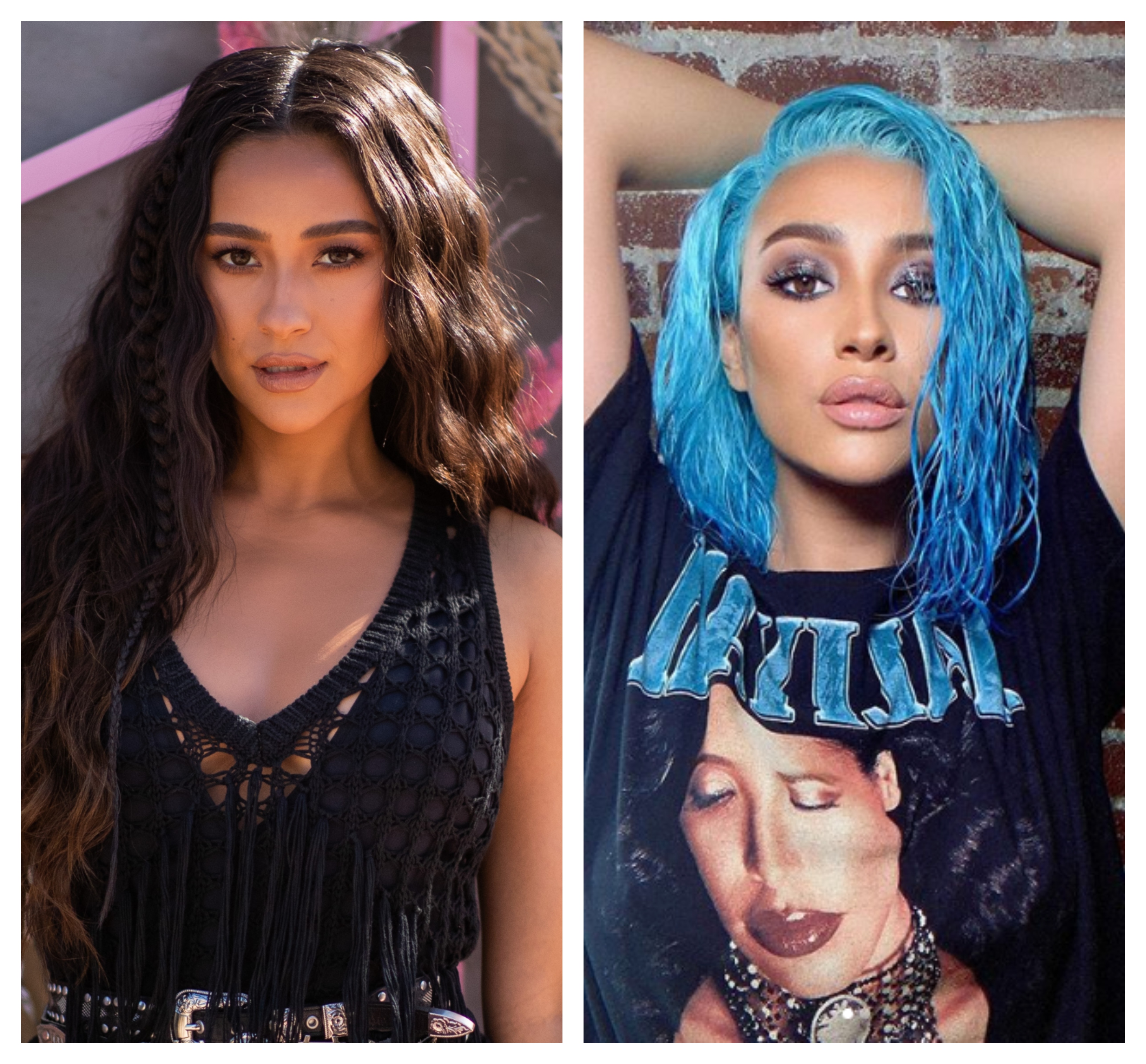Shay Mitchell Side-by-Side With Brown and Blue Hair Transformation