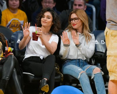 Ashley Tisdale Wearing Glasses and Jeans With Vanessa Hudgens in Jeans and a White T-Shirt at a Basketball Game