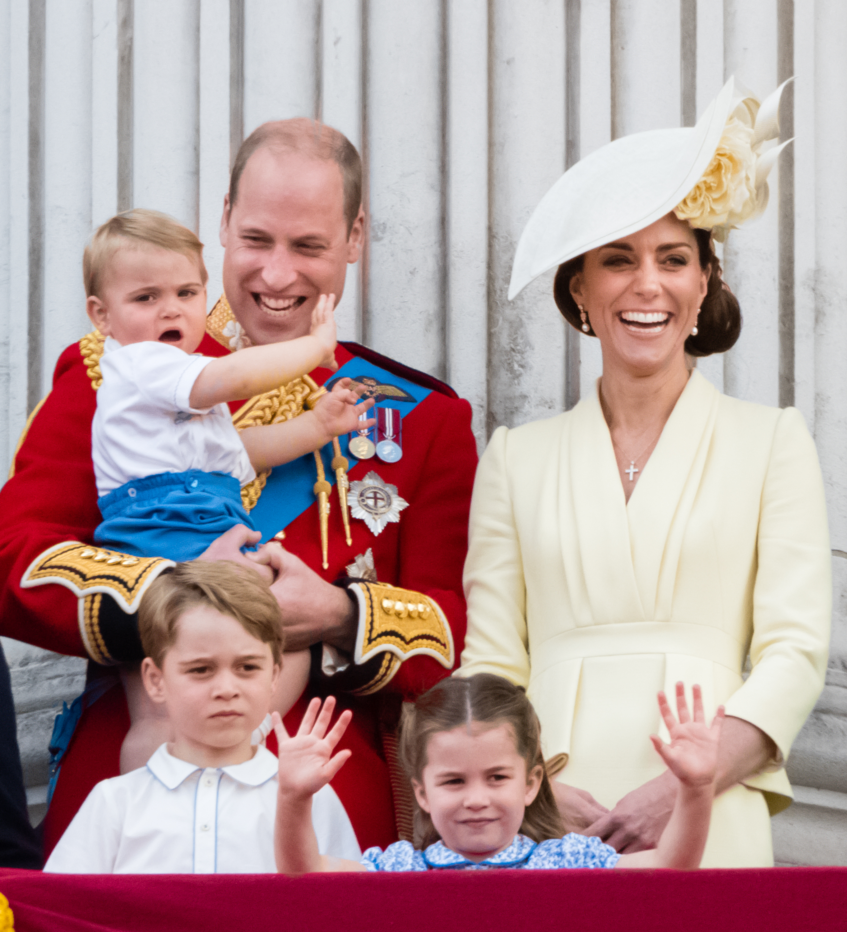 Prince Louis, Prince George, Prince William, Duke of Cambridge, Princess Charlotte and Catherine, Duchess of Cambridge appear on the balcony during Trooping The Colour, the Queen's annual birthday parade, on June 08, 2019 in London, England.