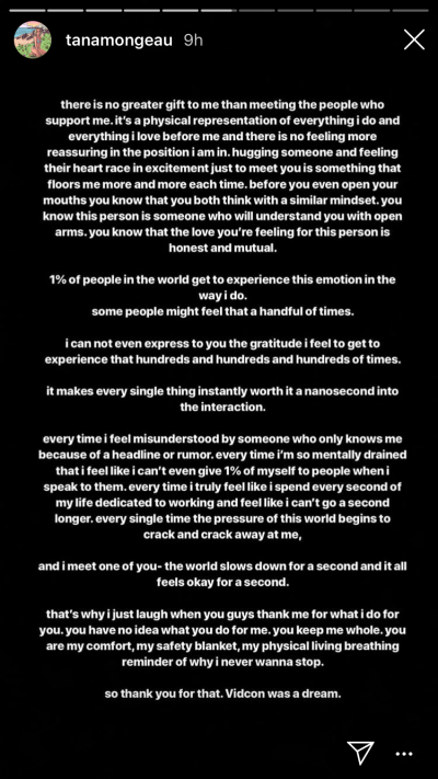 Tana Mongeau thanks fans in instagram story