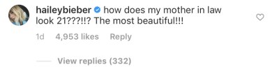 Hailey Baldwin's Comment to Pattie Mallette on Instagram