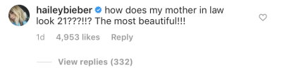 Hailey Baldwin's Comment to Pattie Mallette on Instagram