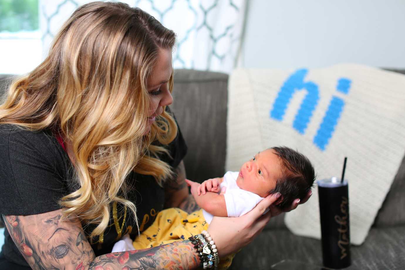 Kailyn Lowry is photographed at home with her new baby boy, whose name is yet to be revealed but for now is going by the moniker, "Baby Lo.".