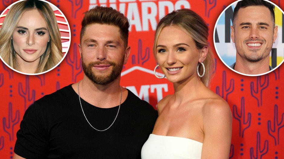 Chris Lane and Lauren Bushnell Pose Smiling with Insets of Amanda Stanton and Ben Higgins