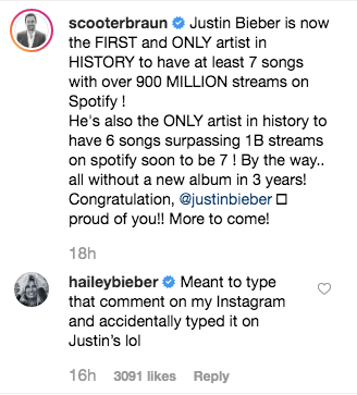 Hailey Baldwin Scooter Braun Instagram Comments