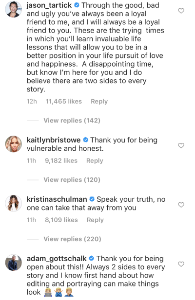 Jason Tartick, Kaitlyn Bristowe, Kristina Schulman and Adam Gottschalk comment on Blake Horstmann leaking Caelynn Miller Keyes text messages after paradise fight