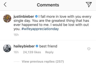 Justin Bieber and Hailey Baldwin's IG Comments