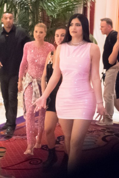 Sofia Richie and Kylie Jenner walking in a hotel in Las Vegas wearing pink outfits