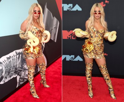 Side-by-Side Photos of Tana Mongeau Wearing Glittery Gold Dress and Boots with Yellow Python and Red Sunglasses