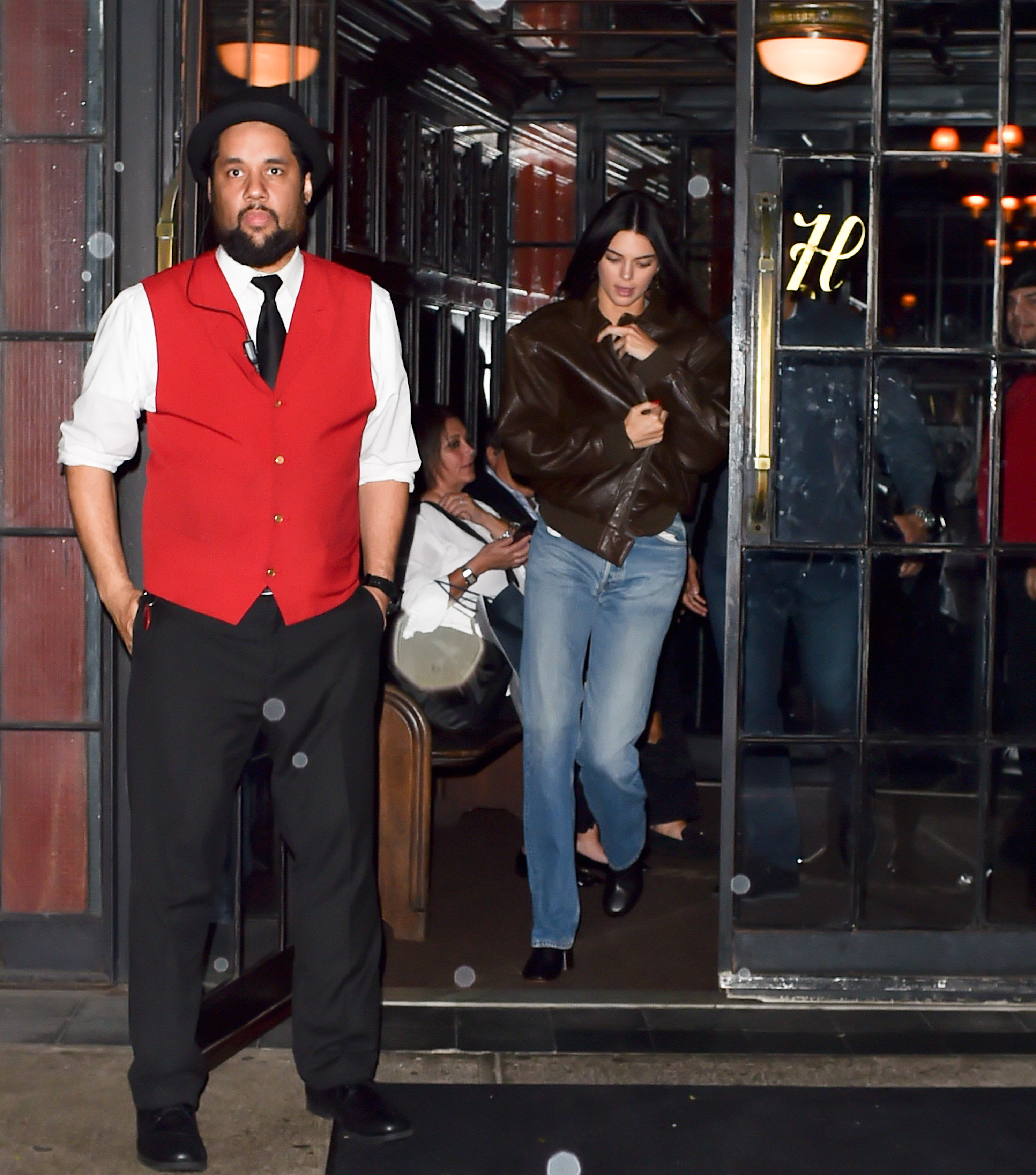 Kendall Jenner is seen looking casual in Jeans and a leather jacket as she makes her way to Carbone restaurant in Soho, New York