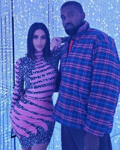 Kim Kardashian Pink Striped Dress With and Kanye West teamLab Border museum Japan