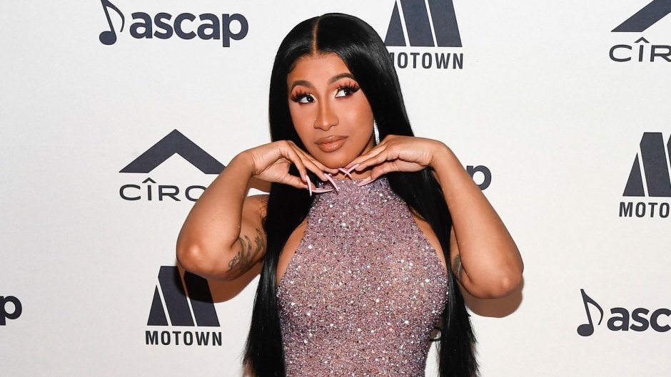 Cardi B Purple Sparkly Dress and Natural Makeup on Red Carpet