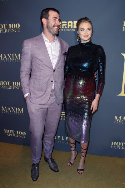 Justin Verlander Purple Suit and Kate Upton Sequined Colorful Dress Maxim Red Carpet