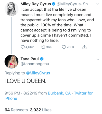 Tana Mongeau Tweet to Miley Cyrus