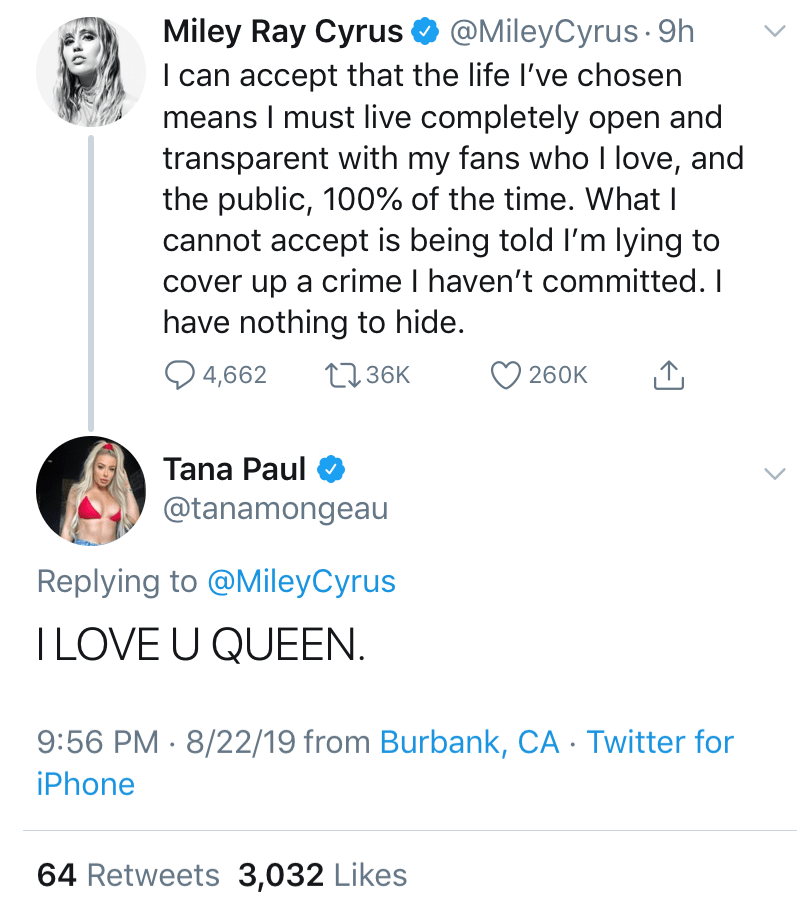 Tana Mongeau Tweet to Miley Cyrus