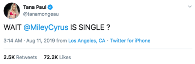 Tana Mongeau Miley Cyrus Tweet