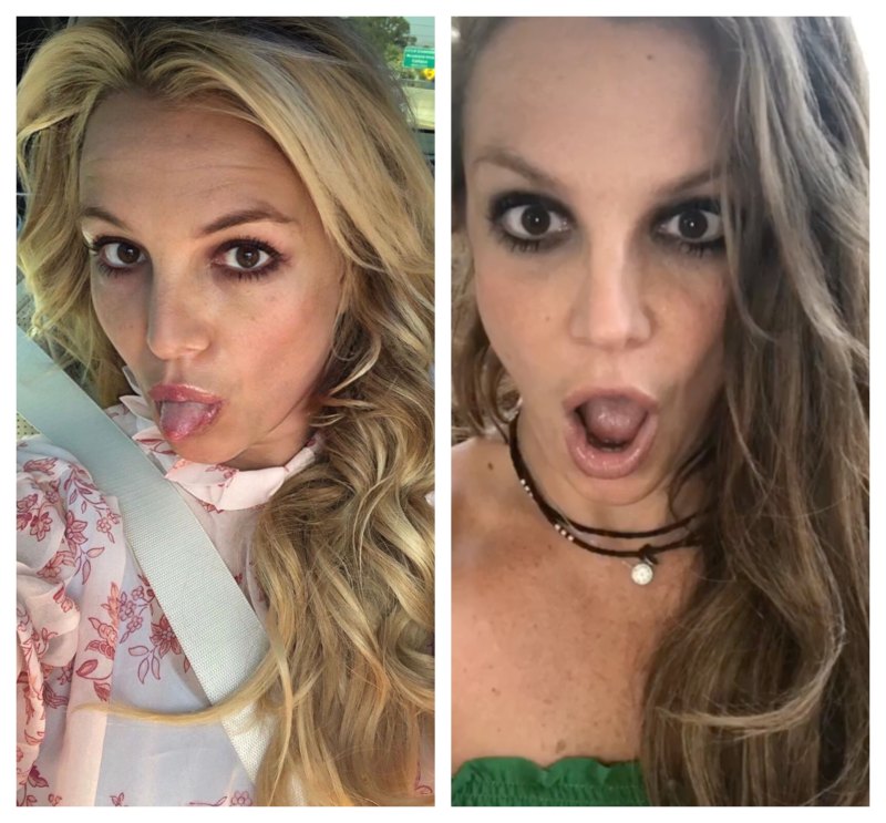 A split image of Britney Spears with blonde and brown hair