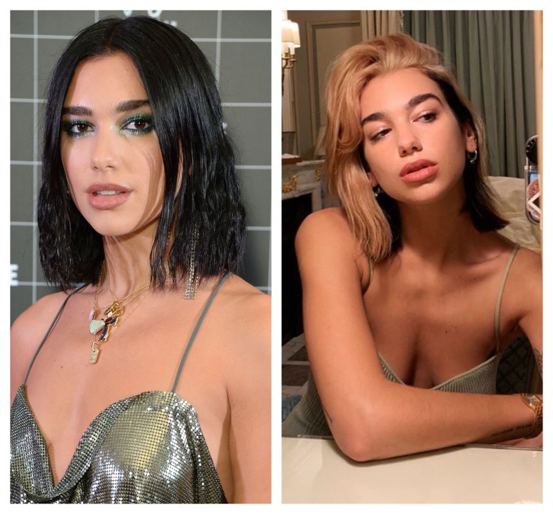 A split image of Dua Lipa with two different hairstyles