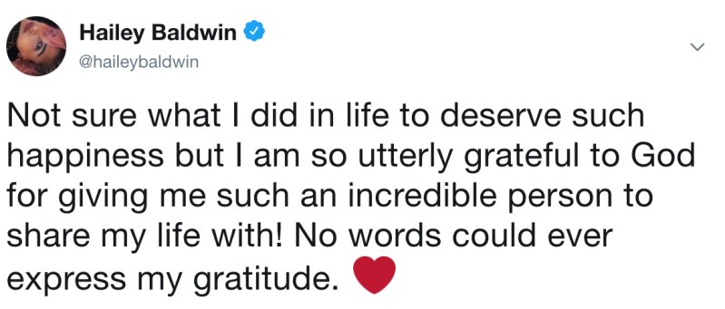 Hailey Baldwin Tweets About Her Engagement News