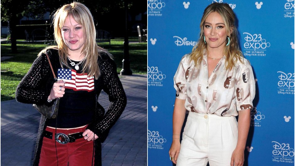 A split image of Hilary Duff in 2001 and 2019