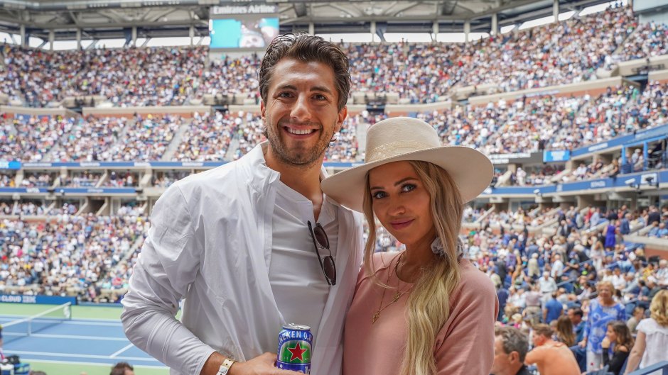 Kaitlyn Bristowe Wearing a White Hat and a Pink Dress With Jason Tartick Wearing a White Shirt at the US Open