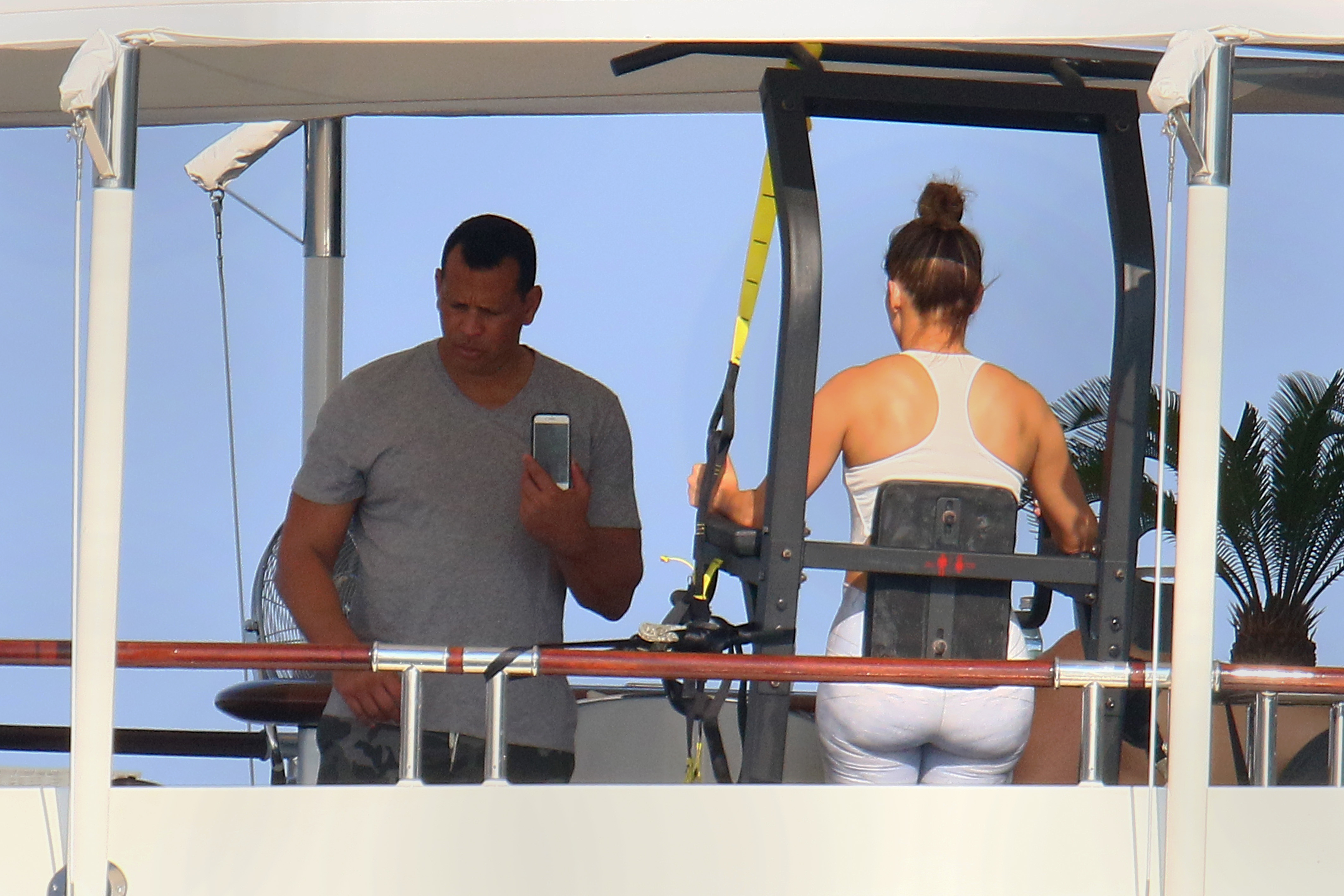 Jennifer Lopez works out while onboard a luxury yacht in the South of France