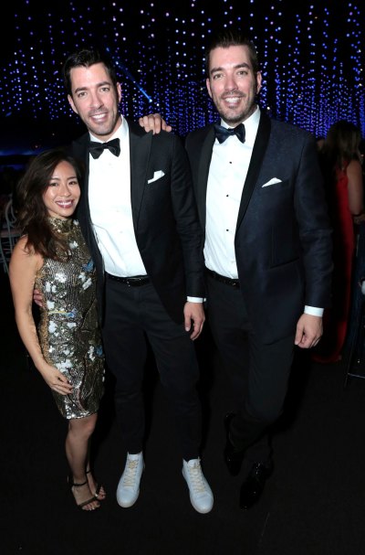 Linda Phan and Drew and Jonathan Scott Posing at the Emmy Awards