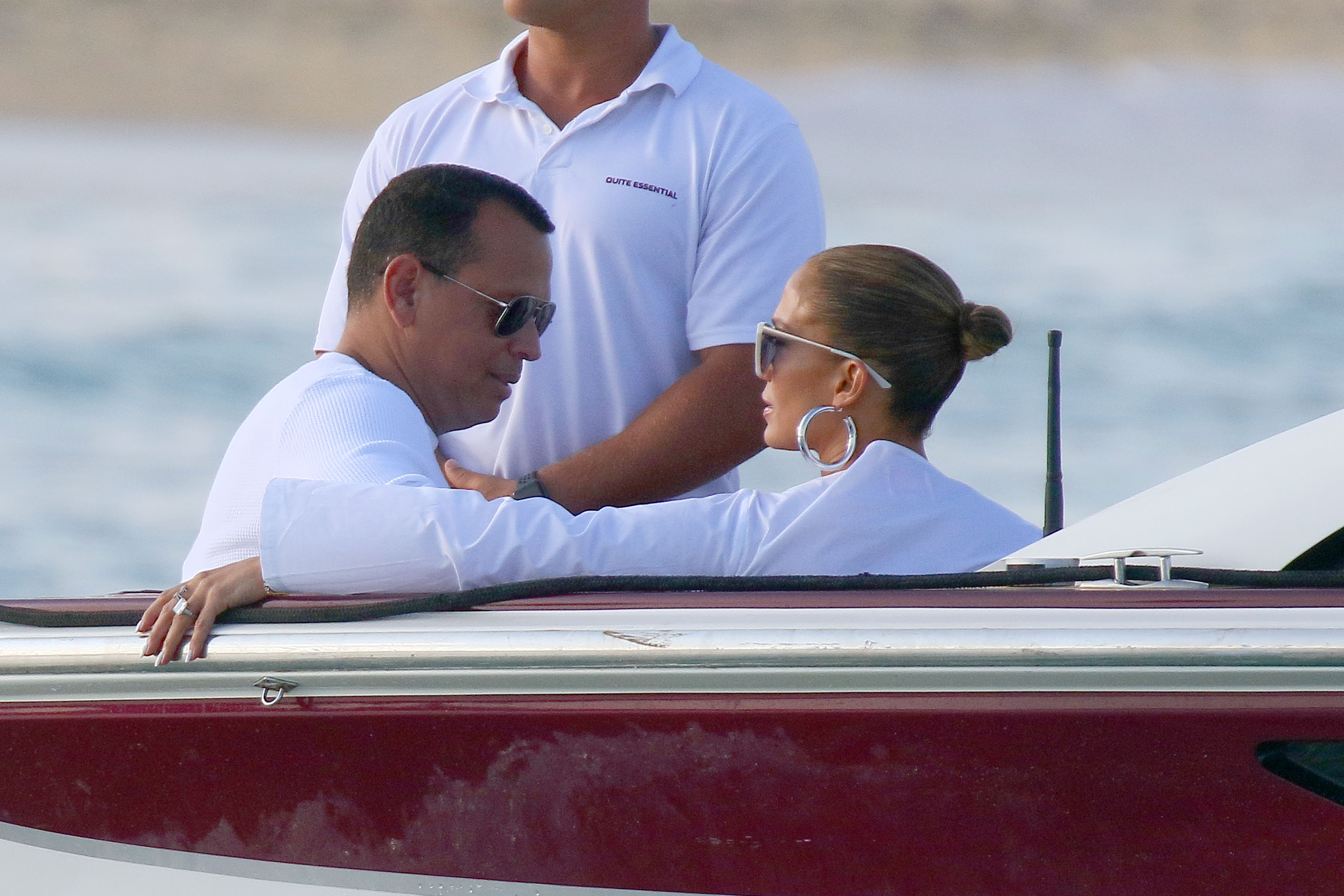 Jennifer Lopez and Alex Rodriguez arriving at Nikki Beach in the south of France for Magic Johnson 60th birthday