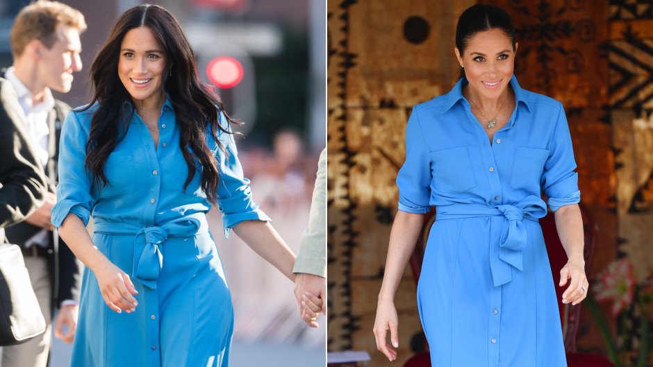 A split image of Meghan Markle wearing the same blue dress in 2019 and 2018