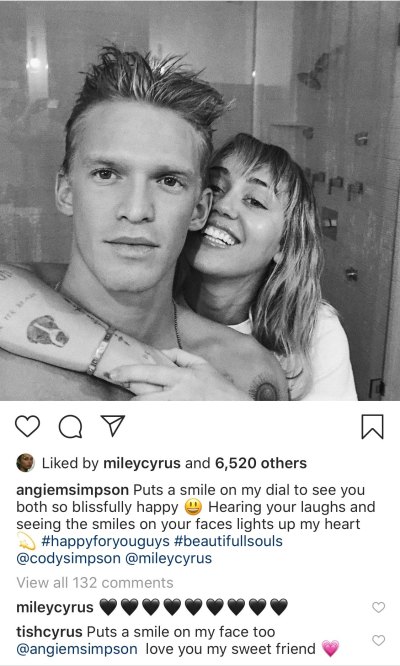 Black and White Photo of Cody Simpson and Miley Cyrus With Instagram Comments