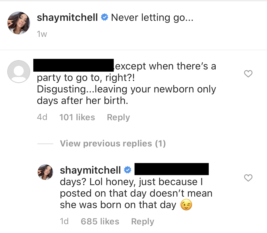 Shay Mitchell Claps Back at a Fan Over Motherhood
