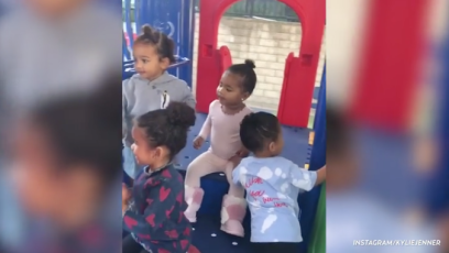 Dream Kardashian, Chicago West, Stormi Webster and True Thompson playing at the park