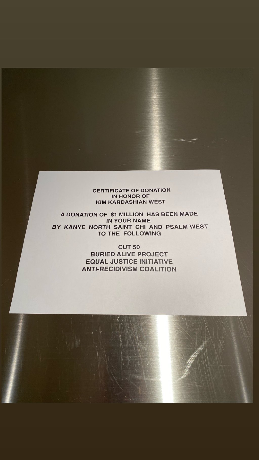 Kanye West Donates $1 Million to Charity for Kim Kardashian's Birthday, Photo of the Certificate 